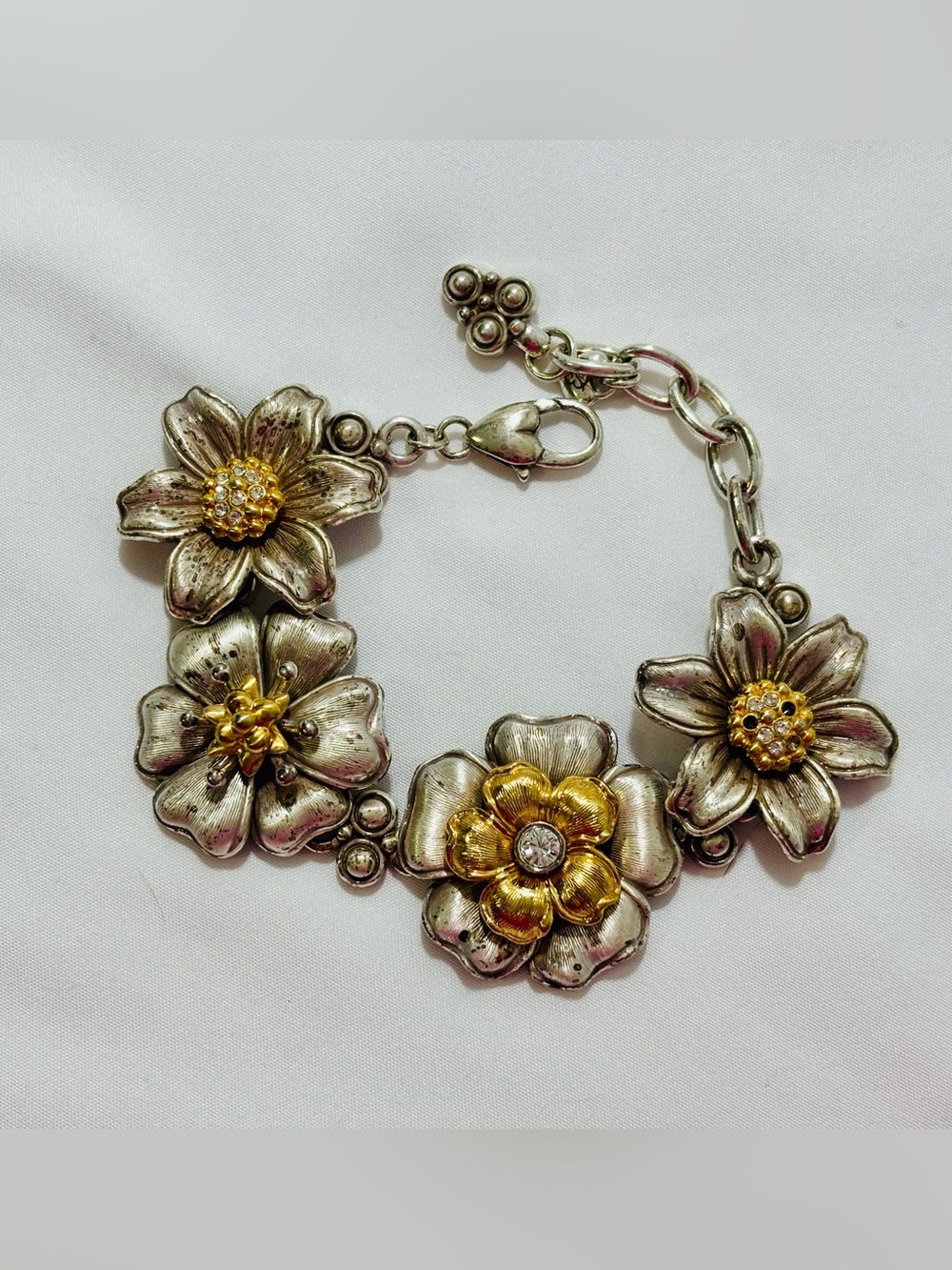 Brighton Bold Floral Two-Tone silver plate/gold plate   Link Bracelet - 8.5 “